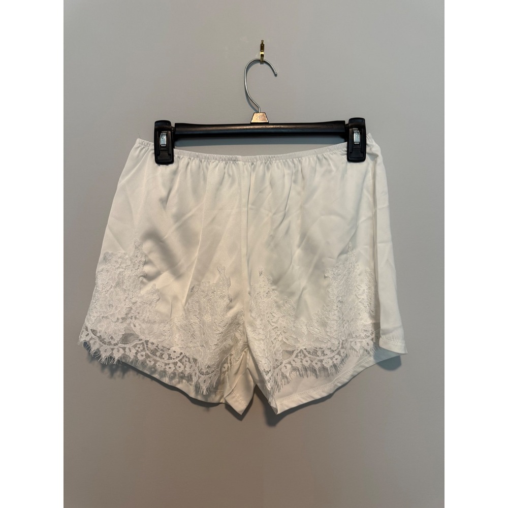 Women Ivory Satin Pajama Shorts Floral Eyelash Lace Trim Sleep Bottoms Size M